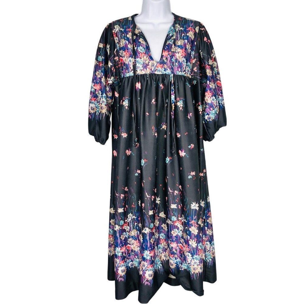Vintage 70s House DressāWomens L Black Floral Polyester